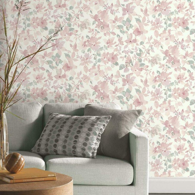 RoomMates RMK11702WP Pink and Green Watercolor Floral Peel and Stick Wallpaper - Image 2